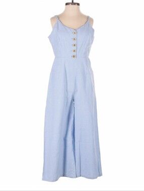 Kittenish Light Blue Button Front Wide Leg Cropped Jumpsuit